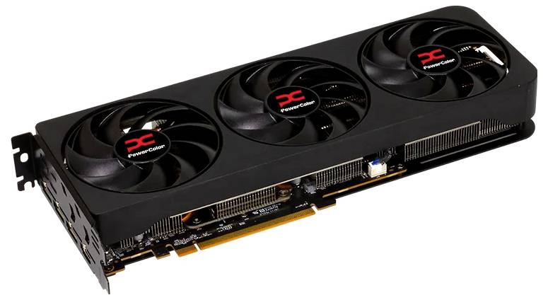 Schwarze Grafikkarte mit drei Kühlventilatoren, beschriftet mit „PowerColor