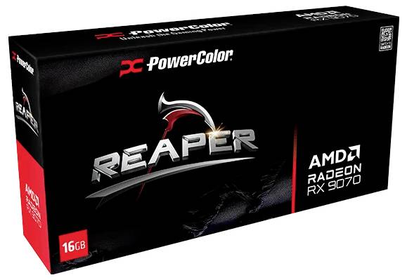 PowerColor Radeon RX 9070 Grafikkarte mit 'Reaper' Logo und Branding auf der Verpackung. Ausgestattet mit 16 GB Arbeitsspeicher.