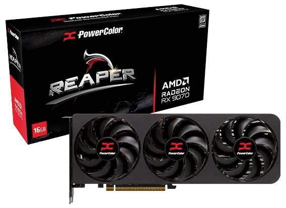 'PowerColor AMD Radeon RX 7900 Reaper GPU' mit drei Kühlventilatoren neben seiner Verkaufsverpackung, die den Produktnamen und die 16-GB-Beschriftung zeigt.