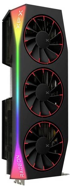 Eine Gaming-Grafikkarte mit drei großen Kühlventilatoren und RGB-Beleuchtung an der Seite, beschriftet mit 'Radeon'.