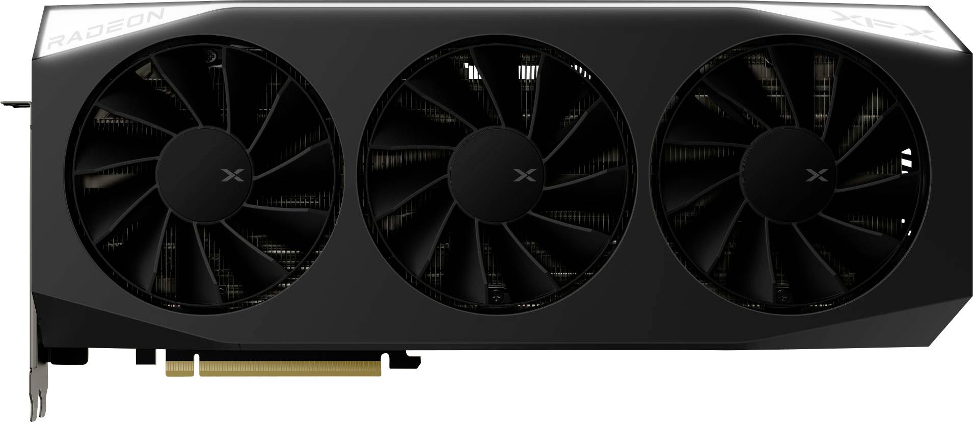 Eine schwarze Grafikkarte mit drei Kühlventilatoren, beschriftet mit 'XFX' und 'Radeon', entwickelt für High-Performance-Computing und Gaming.