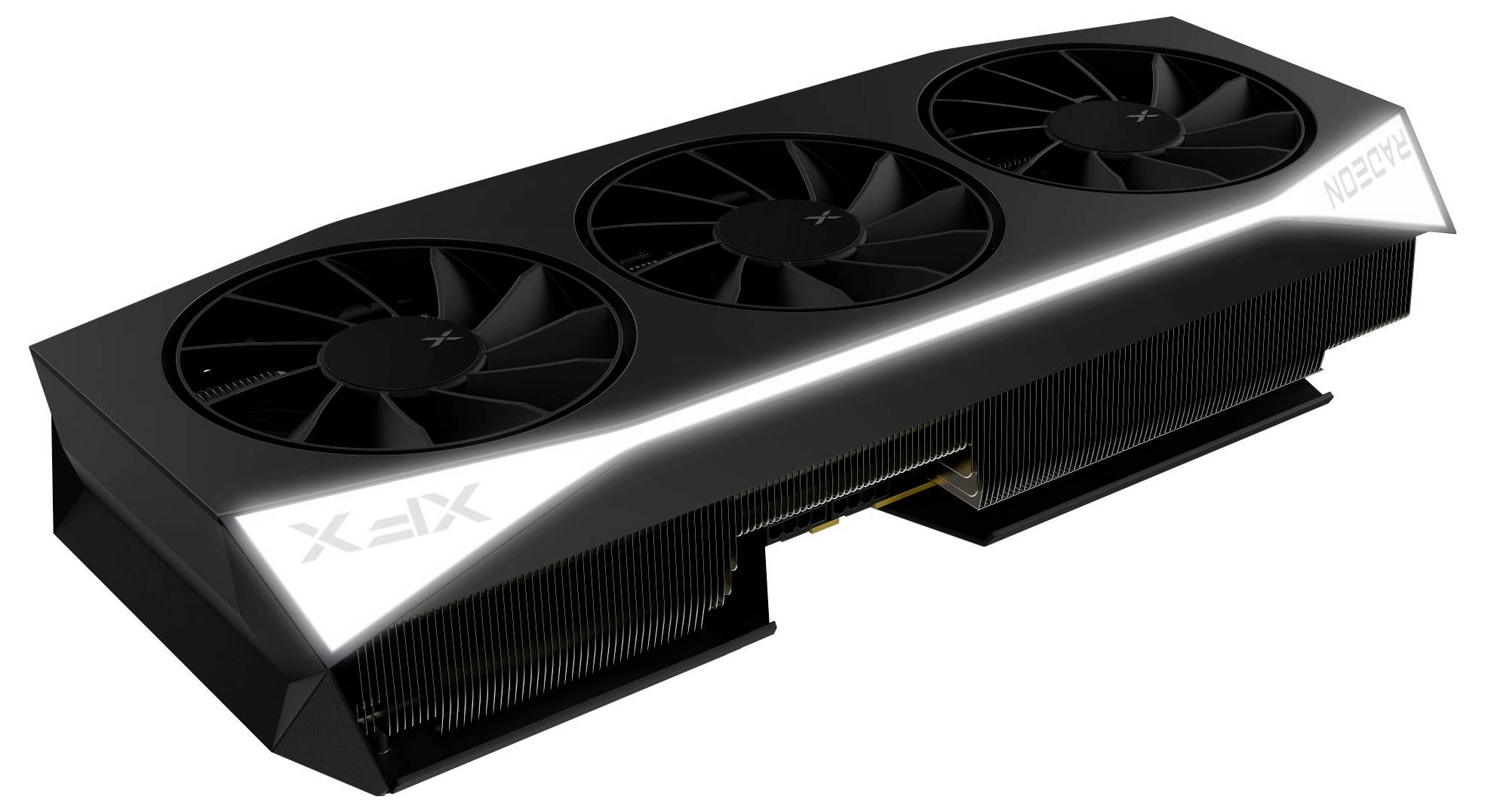 Eine elegante schwarze Grafikkarte mit drei Kühlventilatoren und auffälliger Markenbeschriftung auf der Seite.
