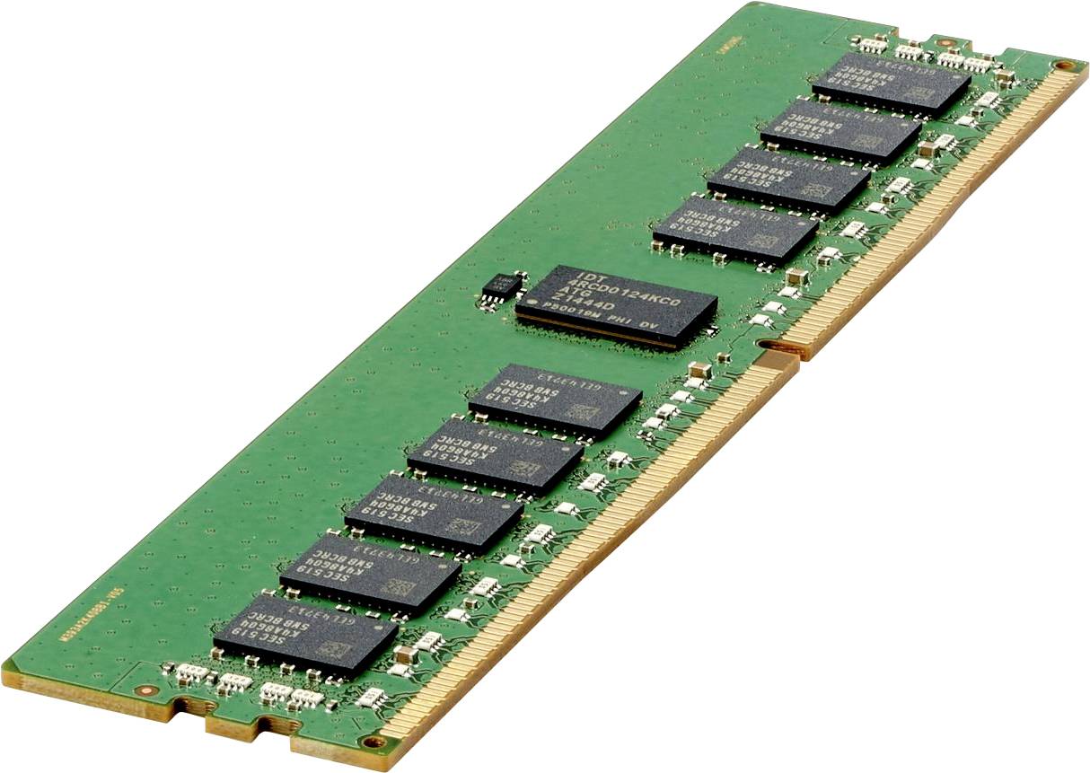 Ein grüner RAM-Speicherriegel mit mehreren schwarzen Speicherchips und goldenen Kontaktleisten.