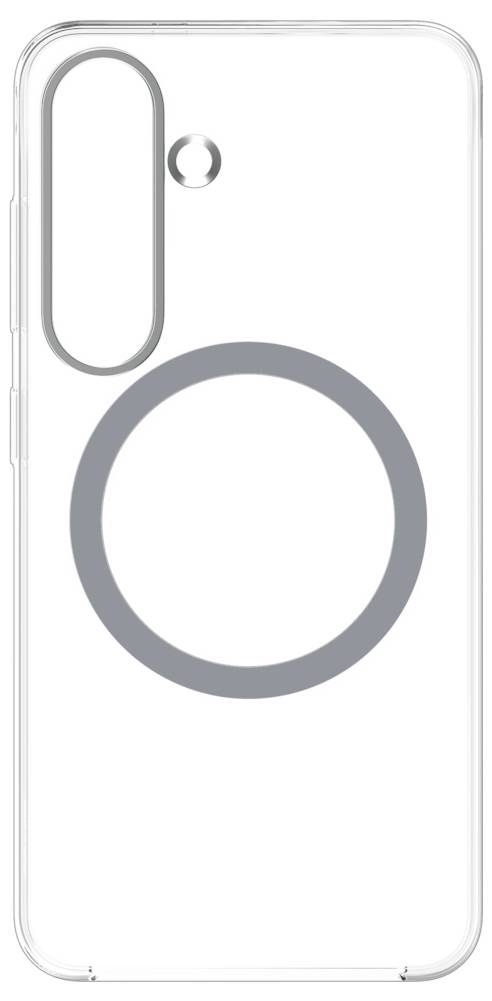 Klarer Handyhülle mit grauem MagSafe-Ring und vertikalem Kameraausschnitt links oben, kompatibel mit bestimmten Smartphone-Modellen.