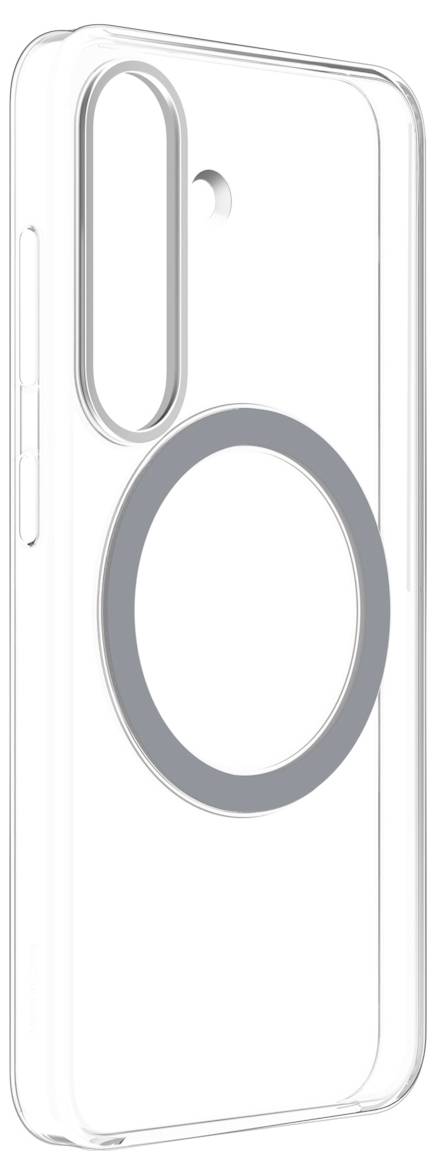 Klare Handyhülle mit kreisförmigem Magnetring auf der Rückseite, passend für ein Smartphone, zeigt seitliche Knöpfe und Kameraöffnung.