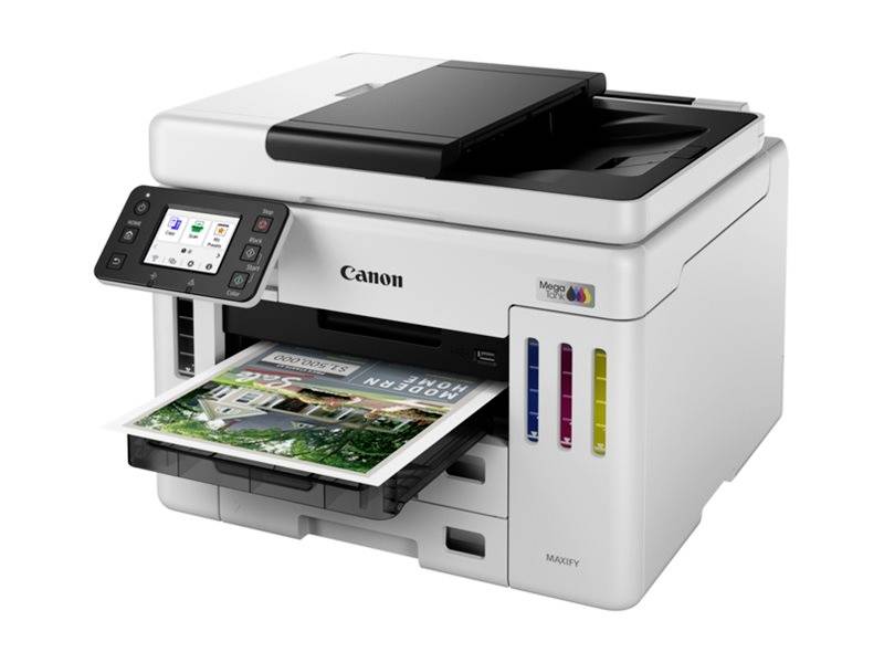 Ein weißer Multifunktionsdrucker druckt ein farbiges Foto. Ein Display zeigt Druckoptionen an. Markenname auf dem Gerät.