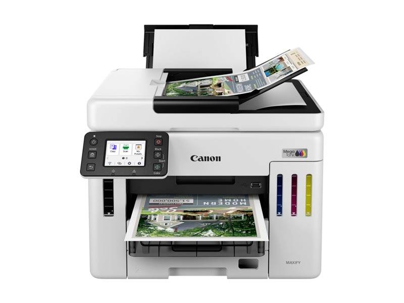 Ein moderner Multifunktionsdrucker druckt Fotos. Ein Bedienfeld mit Touchscreen zeigt verschiedene Symbole und Optionen.