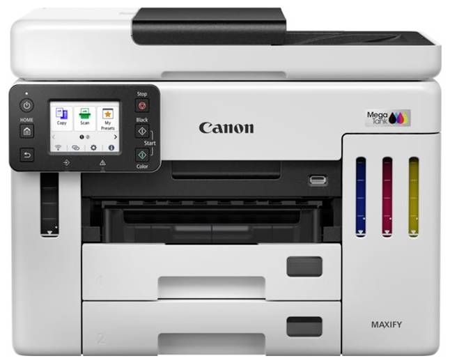 Ein weißer Multifunktionsdrucker mit Touchscreen-Display, darauf sind Funktionen wie 'Kopieren' und 'Scannen' sichtbar.