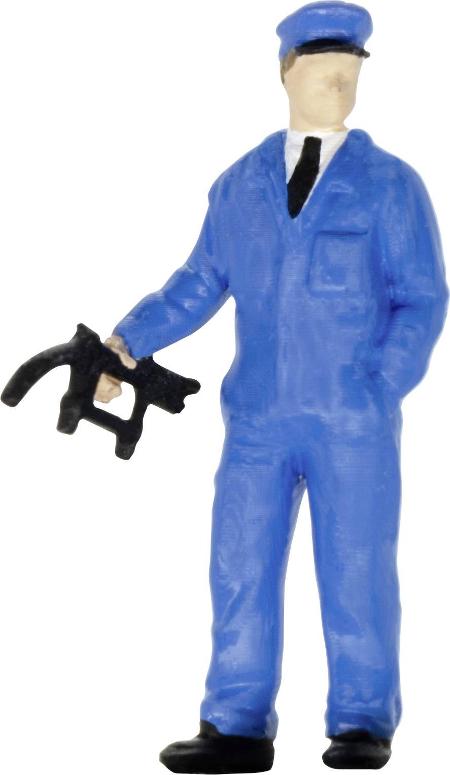 Ein Modell einer Person in blauer Uniform und Mütze hält eine schwarze Katze in der Hand.