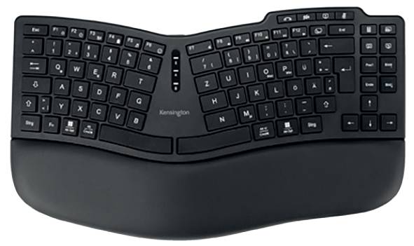 Ergonomische Tastatur mit geteiltem Design und gepolsterter Handballenauflage, bietet Komfort und reduziert Belastungen beim Tippen.