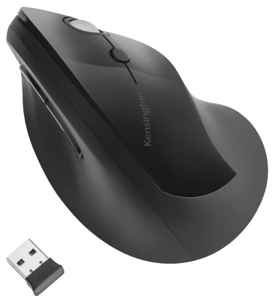 Schwarze drahtlose vertikale Computermaus mit ergonomischem Design, inklusive USB-Empfänger.