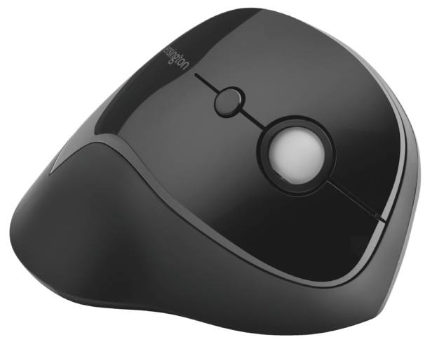 Ergonomische schwarze Computermaus mit Trackball und zwei Haupttasten, geeignet für bequemes Arbeiten über längere Zeiträume.