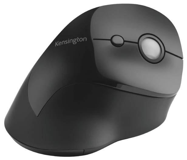Eine ergonomische, kabellose Trackball-Maus in Schwarz mit sichtbarem Trackball und zwei Tasten auf der Oberseite.