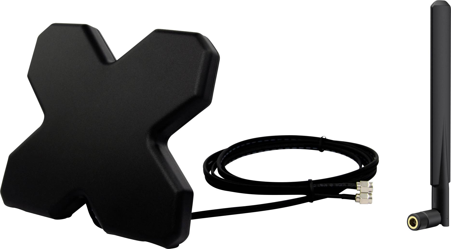 Schwarze X-förmige Antenne mit Kabel, begleitet von einer schwarzen Stabantenne. Geeignet für drahtlose Netzwerkverbindungen.