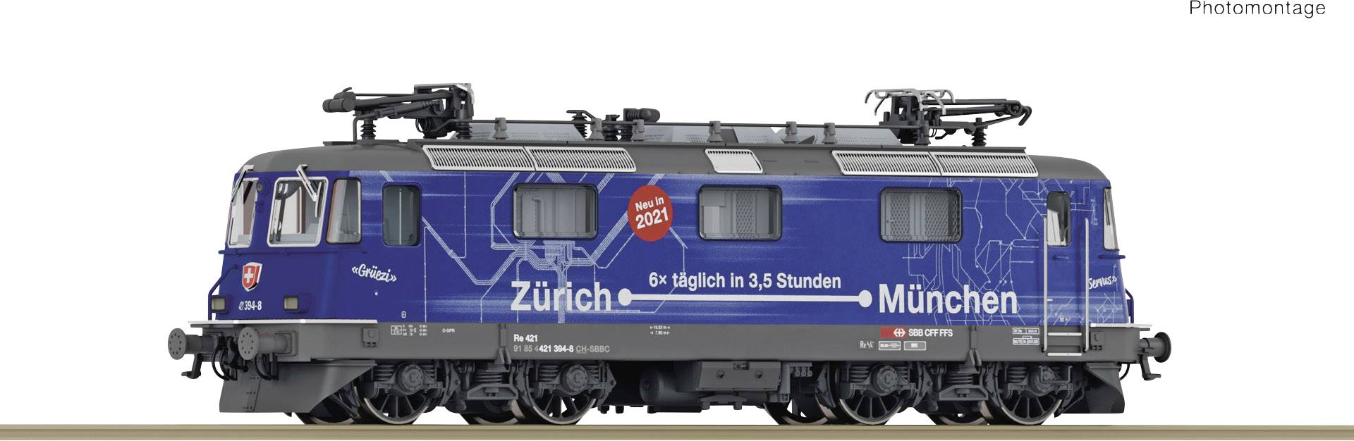 Eine blaue Lokomotive mit der Aufschrift 'Zürich-München' und '3,5 Stunden'. Sie trägt ein Symbol mit 'NEU 2024'.