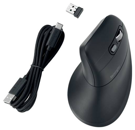Vertikale ergonomische Maus in Schwarz mit Scrollrad und zwei Tasten. Beiliegend sind ein USB-C-Ladekabel und ein USB-Empfänger.