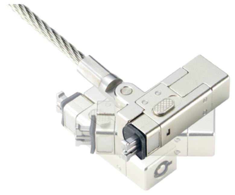 Ein silbernes Sicherheitsschloss mit Kabel. Das Schloss hat einen verriegelnden Mechanismus und ist mit einem Stahlseil verbunden.
