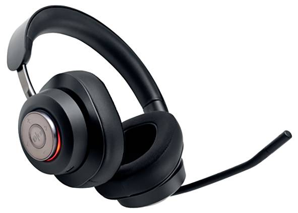 Schwarzes Headset mit Mikrofon, geeignet für Telefonkonferenzen und Online-Kommunikation. LED-Licht zeigt Betriebszustand an.