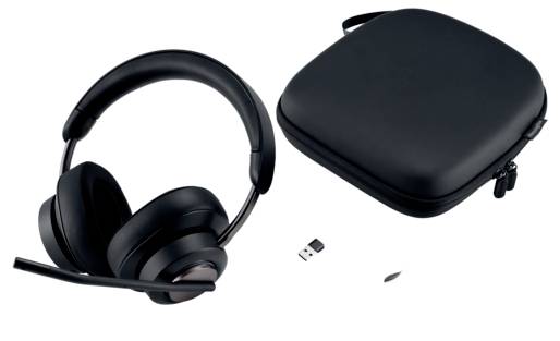 Kabelloses Headset mit Mikrofon, USB-Adapter und schwarzer Aufbewahrungstasche auf weißem Hintergrund. Ideal für mobiles Arbeiten.