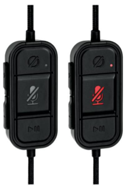 Zwei Schalter zur Mikrofon-Steuerung: links mit grauem Symbol zeigt 'Stumm', rechts mit rotem Symbol zeigt 'Mikrofon aktiv'.