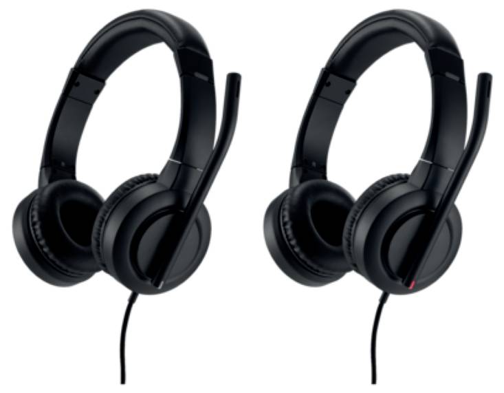 Zwei identische schwarze kabelgebundene Kopfhörer mit Mikrofon, nebeneinander liegend.