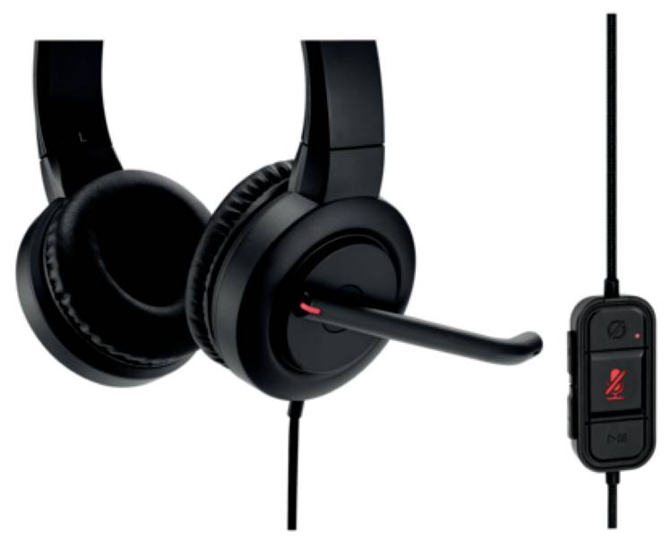 Schwarzer Kopfhörer mit Mikrofon, integrierter Lautstärkeregelung und Stummschaltungstaste an der Kabelsteuerung.