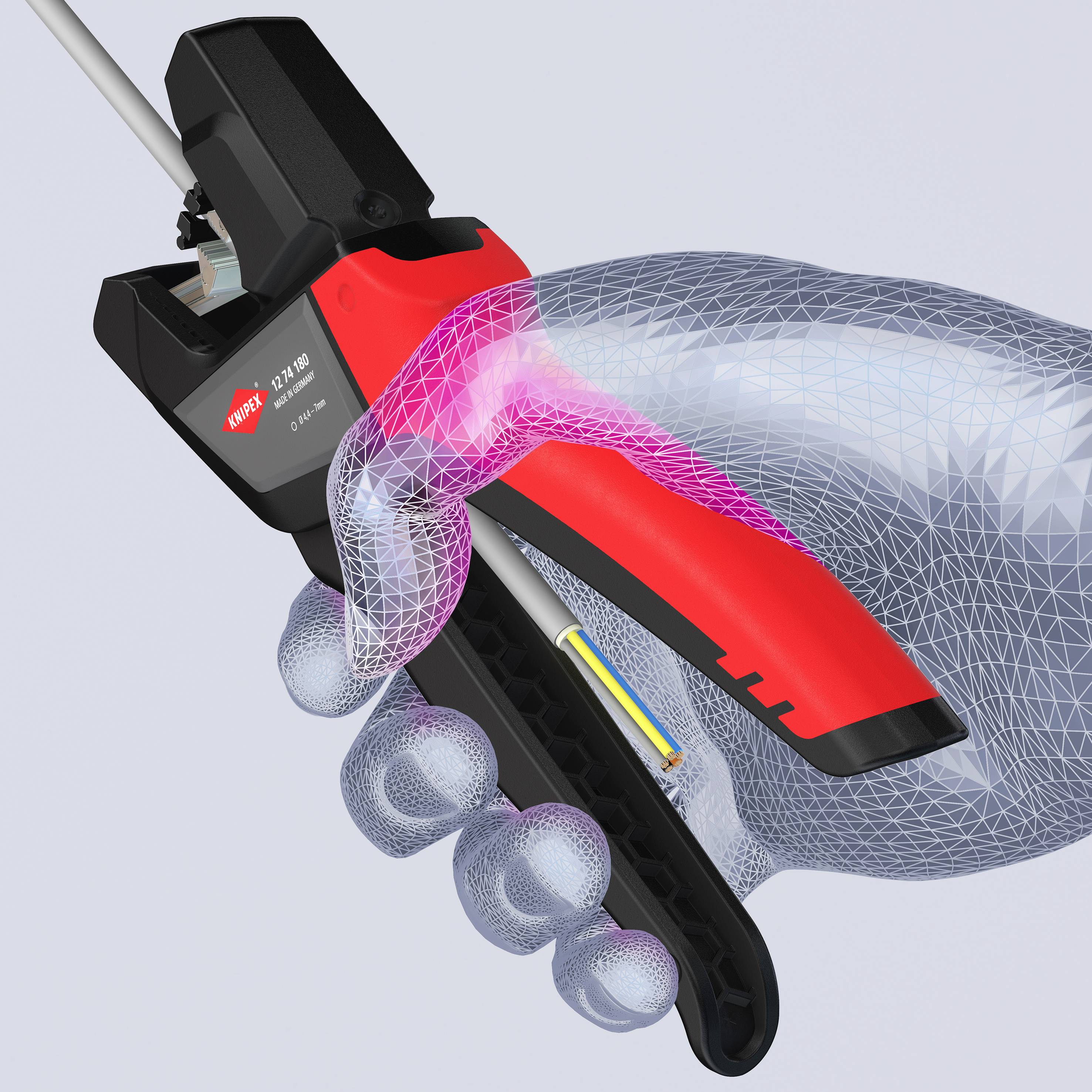 Ein 3D-Druckwerkzeug wird von einer Hand gehalten. Das Tool ist rot-schwarz, und eine technische Illustration zeigt das Innenleben.