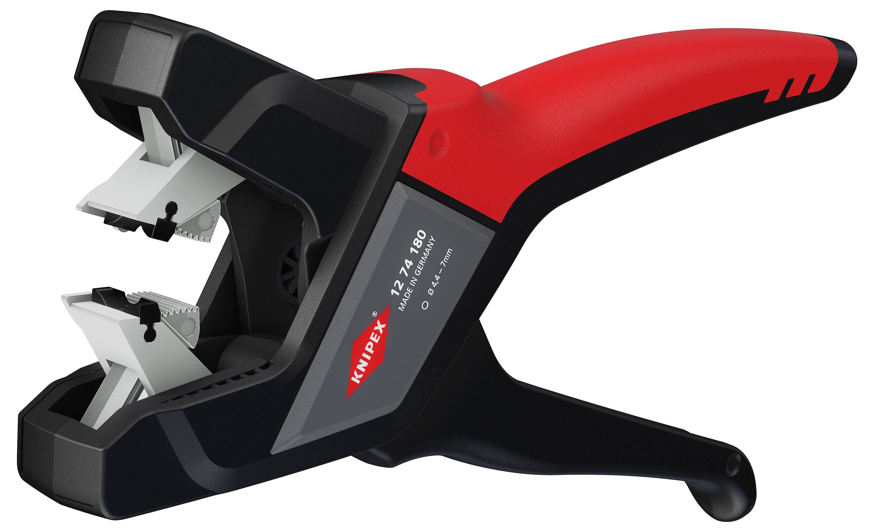 Zange mit rotem Griff und schwarzem Körper. Zum Abmanteln von Kabeln konzipiert. Markiert mit 'Knipex' und Modellnummer.