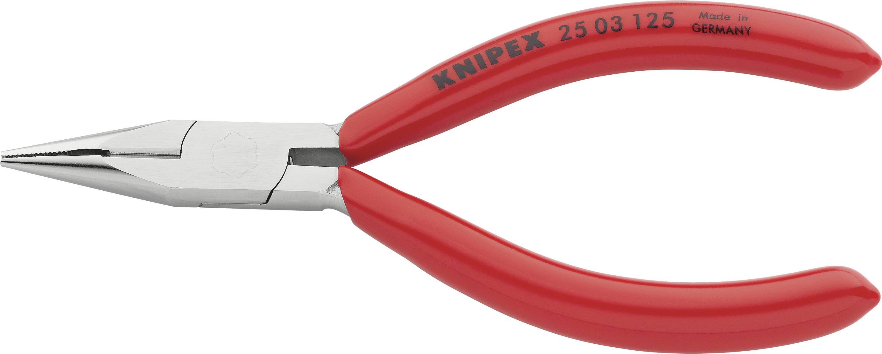 Die Abbildung zeigt eine rote Spitzzange der Marke Knipex mit schmalen Greifbacken. Made in Germany steht auf dem Griff.