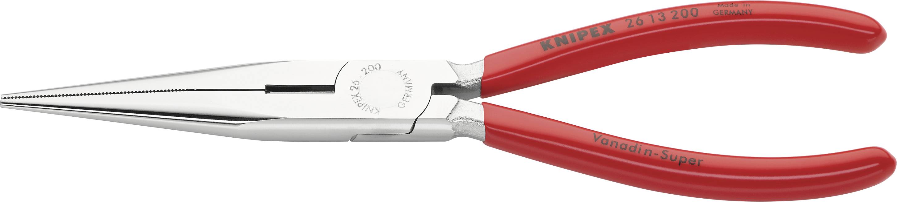 Rote Spitzzange mit glänzendem Metallkopf, geeignet für präzises Greifen und Schneiden in handwerklichen und technischen Arbeiten.
