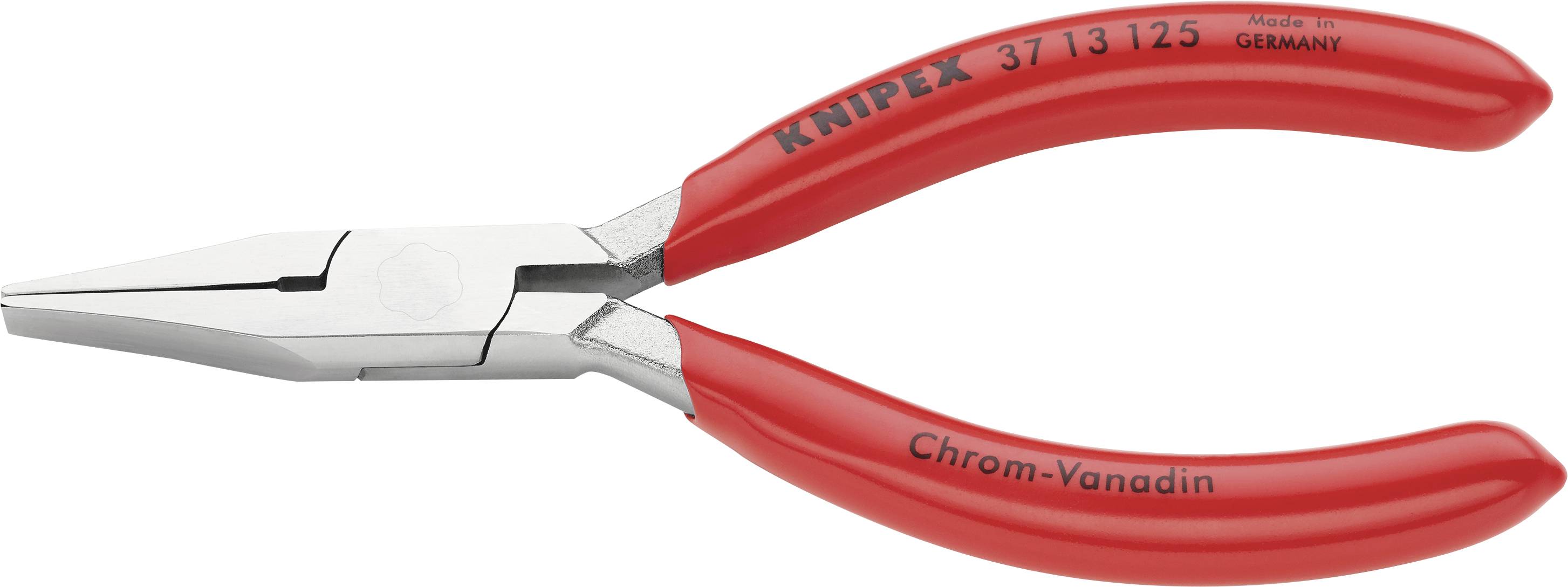 Rote Handzange mit der Aufschrift 'KNIPEX', 'Chrom-Vanadin', '37/13/125', 'Made in Germany', zeigt vordere Greifbacken.