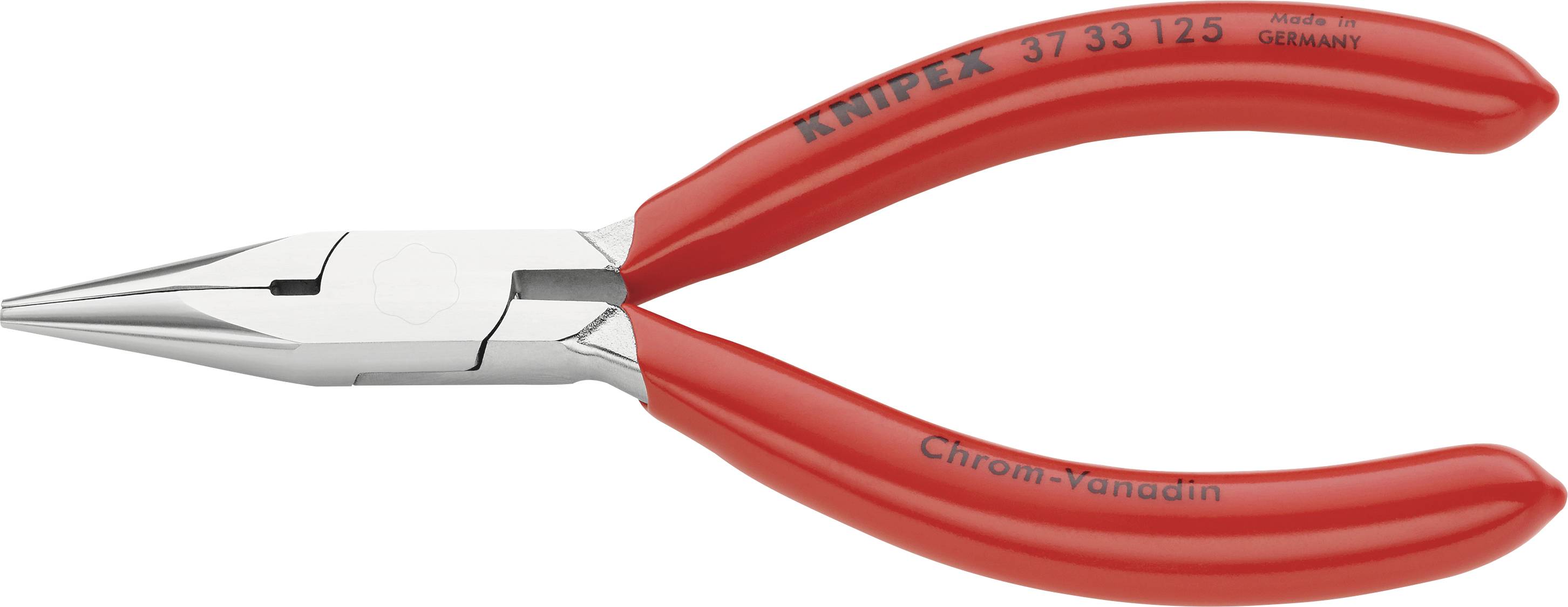 Rote Spitzzange mit der Aufschrift 'Knipex' auf dem Griff. Geeignet für präzise Arbeiten in Elektrik und Feinmechanik.