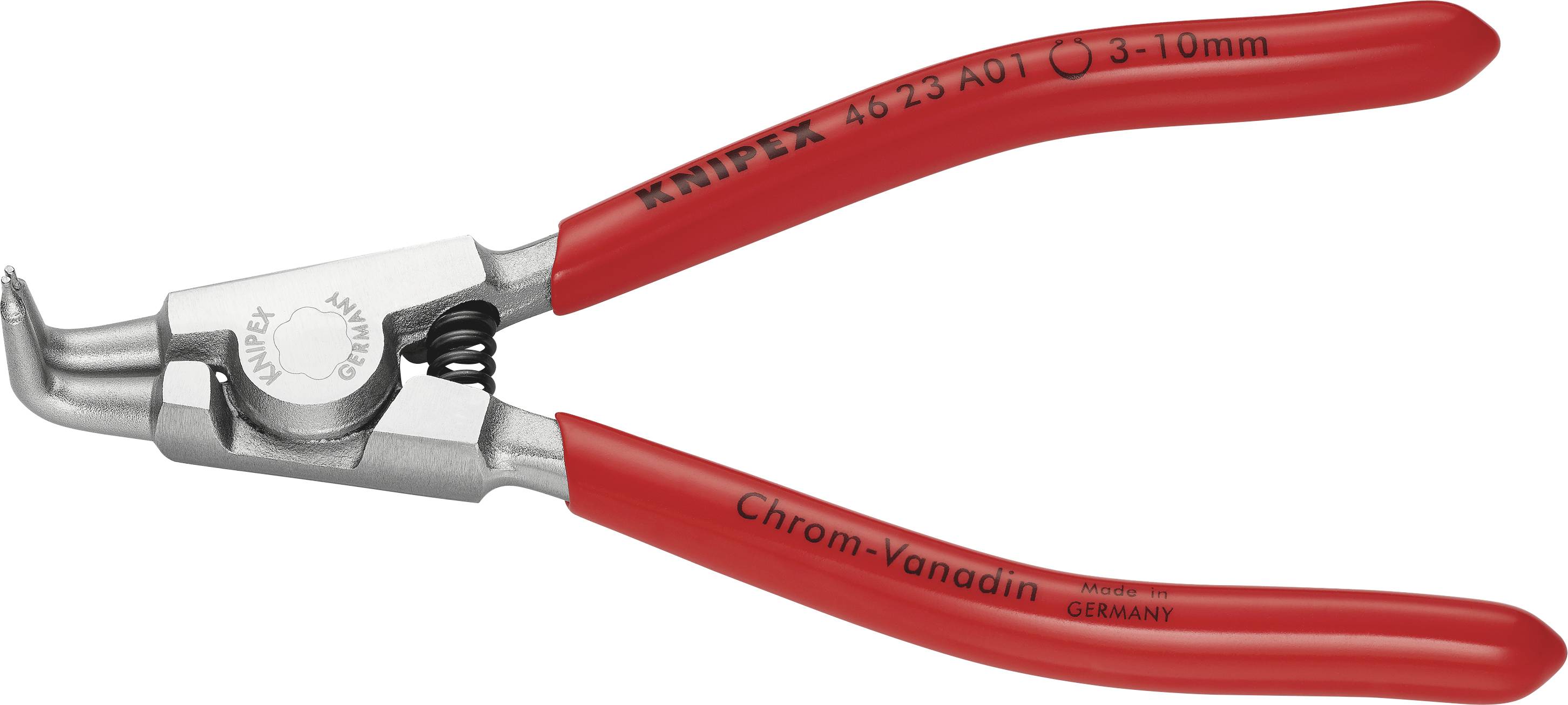 Spitzzange mit roten Griffen und gebogenen Spitzen, geeignet für Arbeiten an schwer zugänglichen Stellen. Markiert mit 'Knipex Chrom-Vanadin'.