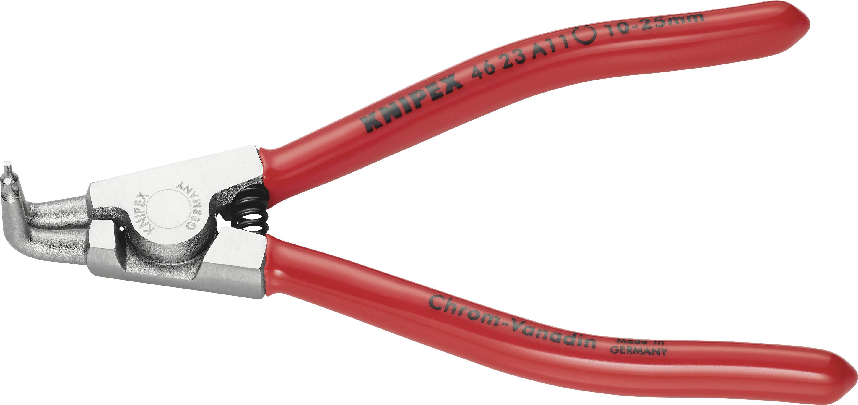 Rote Knipex-Zange zum Abziehen und Schneiden von Kabeln, mit isolierten Griffen und einem Abziehwerkzeug an der Spitze.