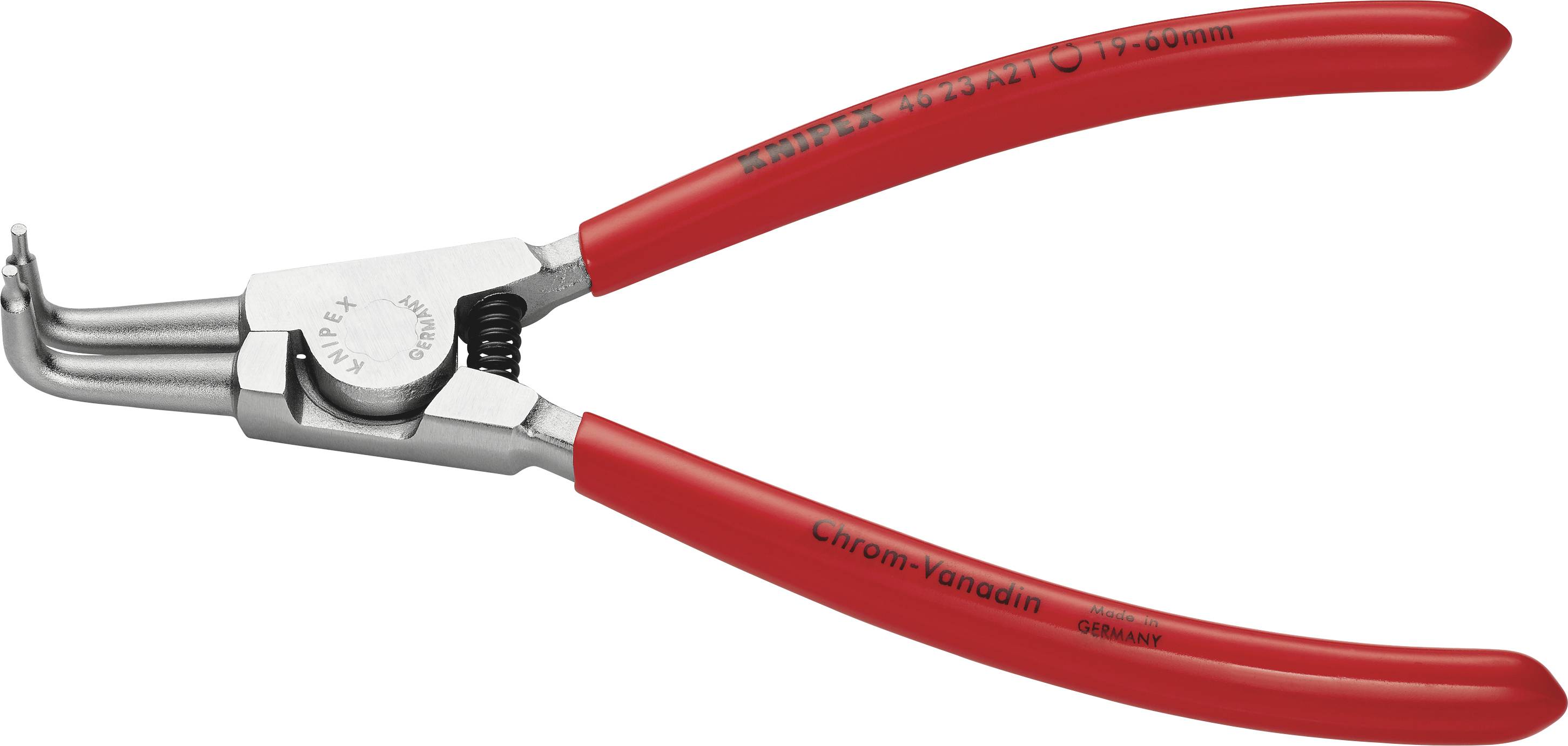 Rote Seegeringzange mit geraden Backen, geeignet für Innenringe von 19-60 mm. Griffe aus rutschfestem Material. Hersteller: KNIPEX.