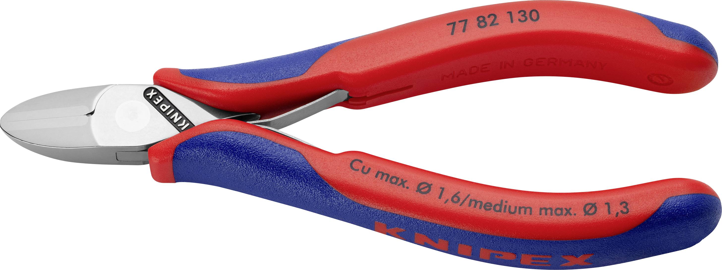 Eine rote und blaue Zange mit der Aufschrift 'KNIPEX' auf dem Griff. Geeignet zum Schneiden von Kabeln bis Ø 1,6 mm/max Ø 1,3 mm.