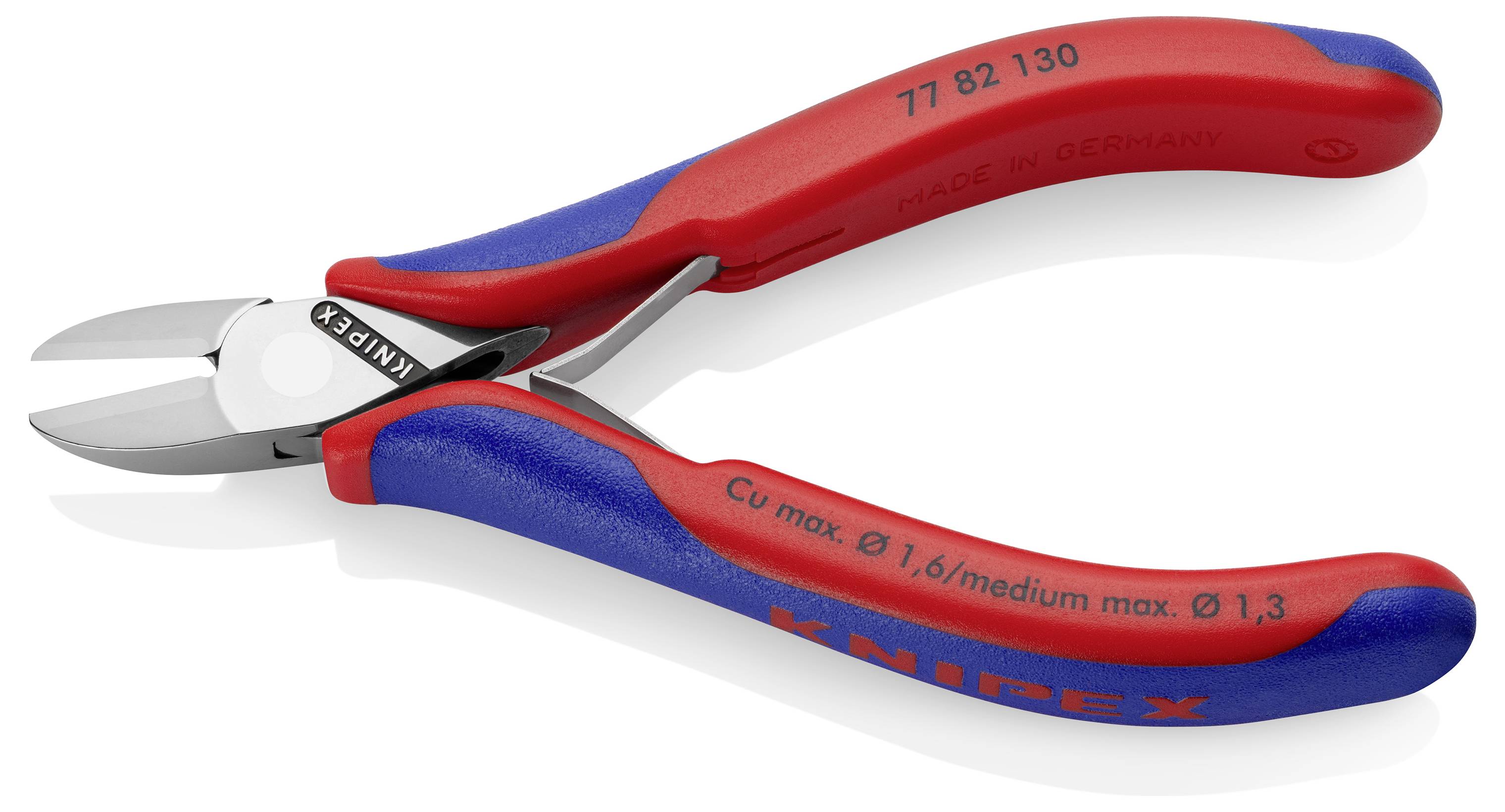 Rote und blaue KNIPEX Zange mit glänzenden Metallklingen, für das Schneiden von Drähten. 'Made in Germany' und Modellnummer auf Griff.