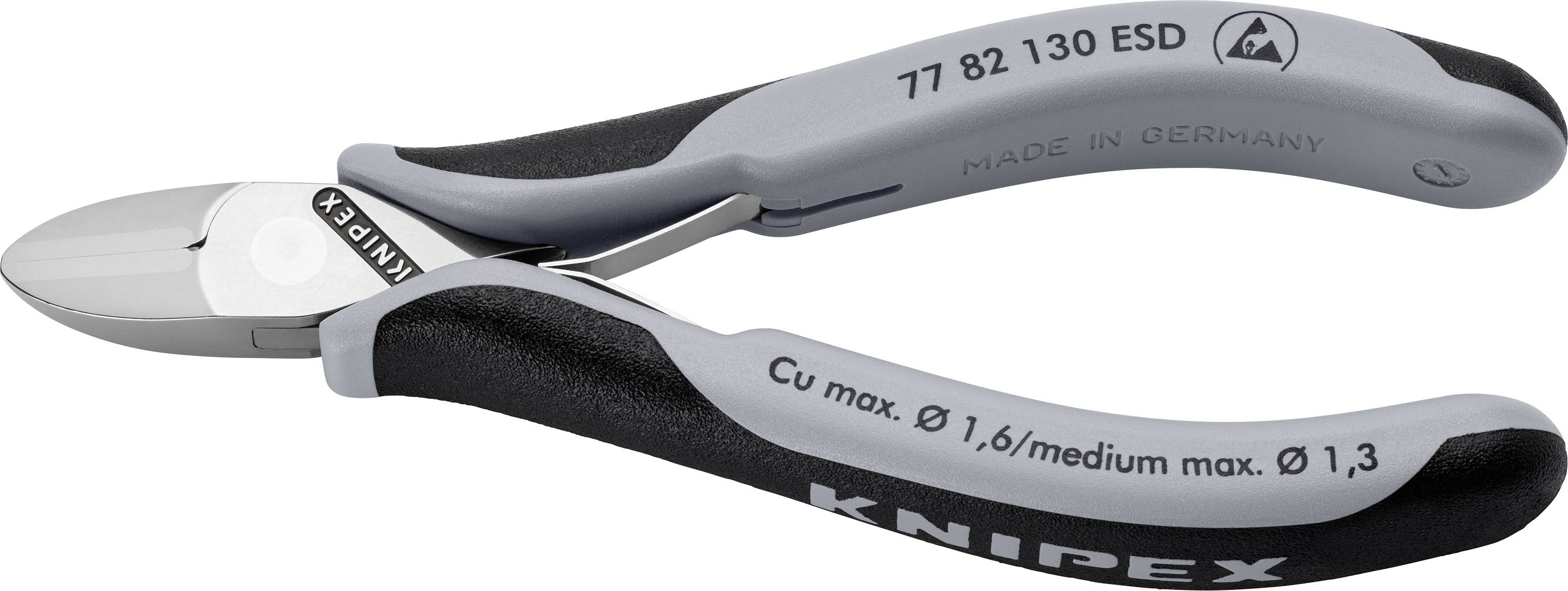 Eine graue und schwarze Elektronik-Seitenschneiderzange mit der Kennzeichnung 'KNIPEX'. Geeignet für Drahtdurchmesser bis 1,6 mm.