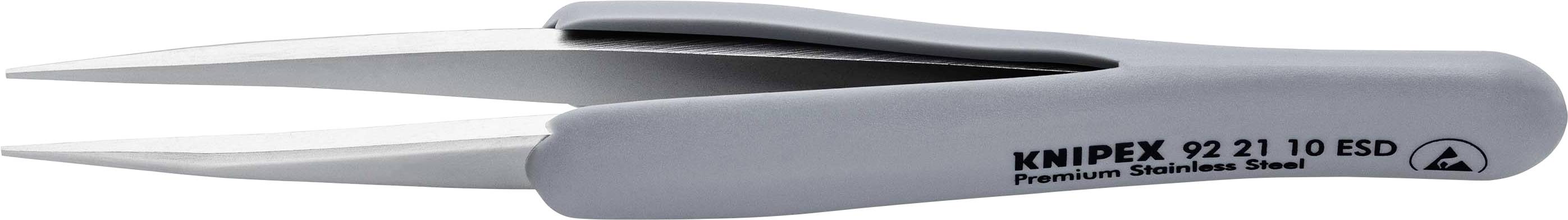 Graue Knipex-Präzisionspinzette aus Edelstahl mit schmalen Spitzen, geeignet für empfindliche Arbeiten in Elektronik und Feinmechanik.