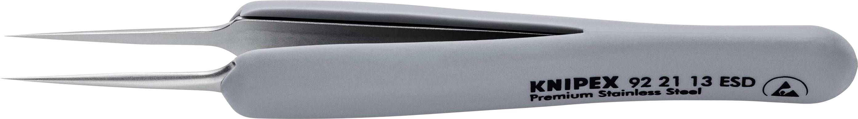 Graue KNIPEX-Pinzette mit feinen Spitzen. Aufschrift: 'KNIPEX 92 21 13 ESD Premium Stainless Steel'. Geeignet für präzise Arbeiten.