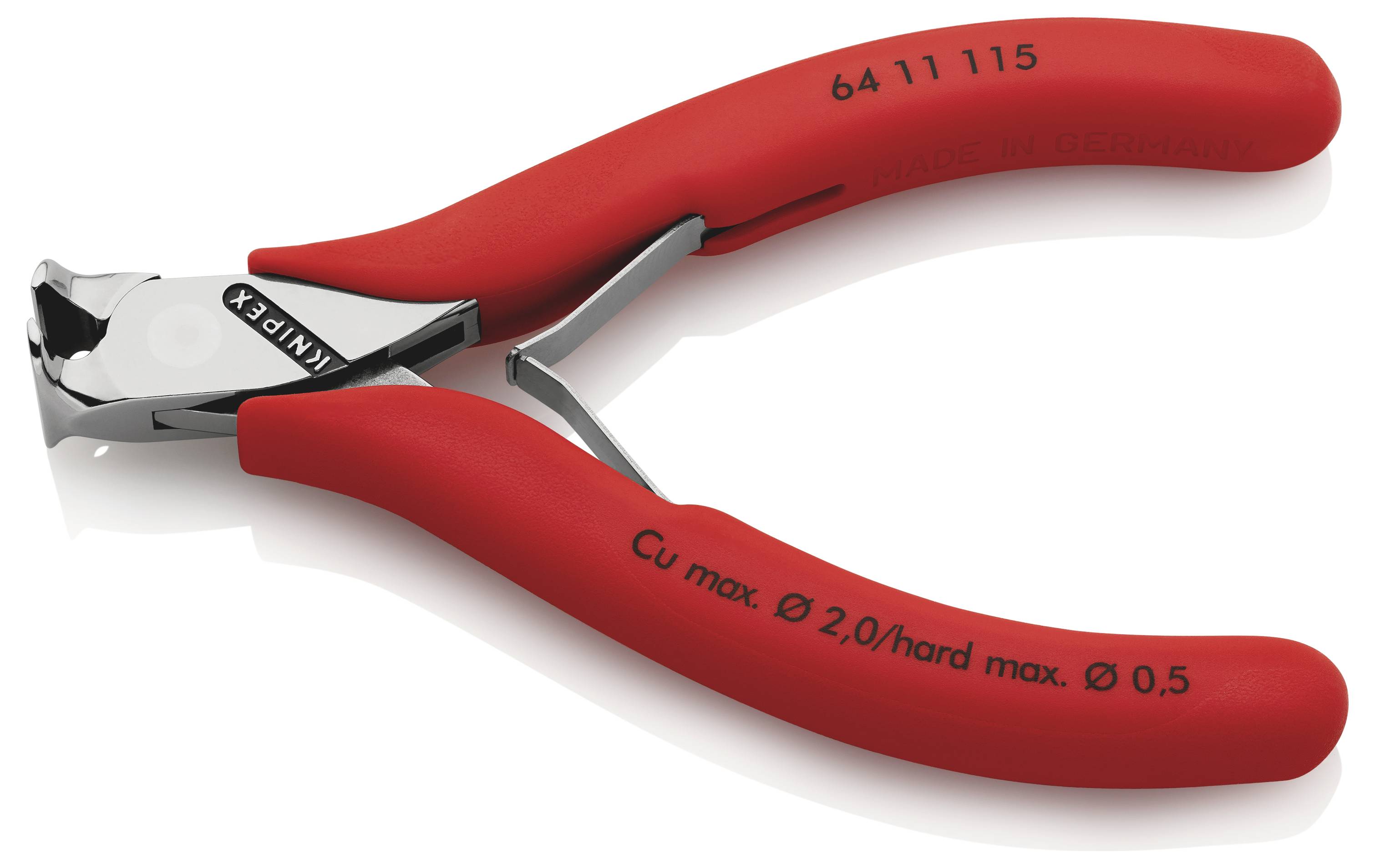 Rote Kabelzange mit Metallkopf. Griff mit Aufdrucken 'Cu max. Ø 2.0/hard max. Ø 0,5'.