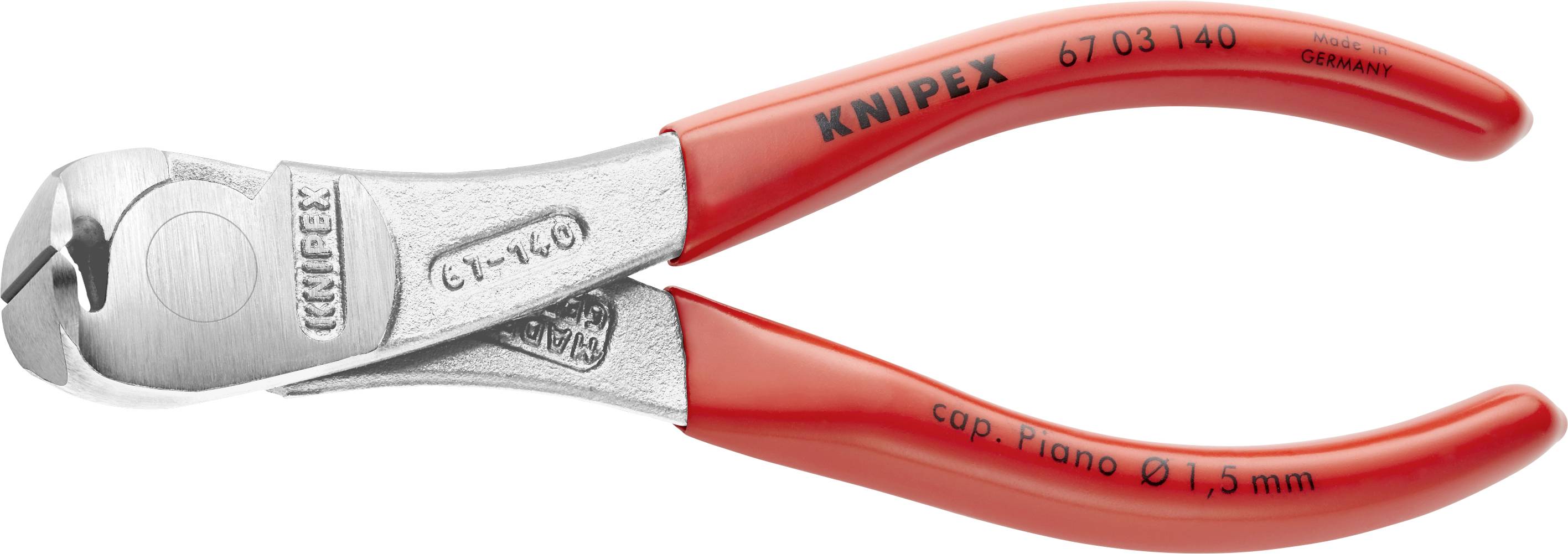 Eine rote Knipex-Klaviaturschneidezange mit gehärteten Klingen, geeignet zum Schneiden von Klavierdrähten bis 1,5 mm.