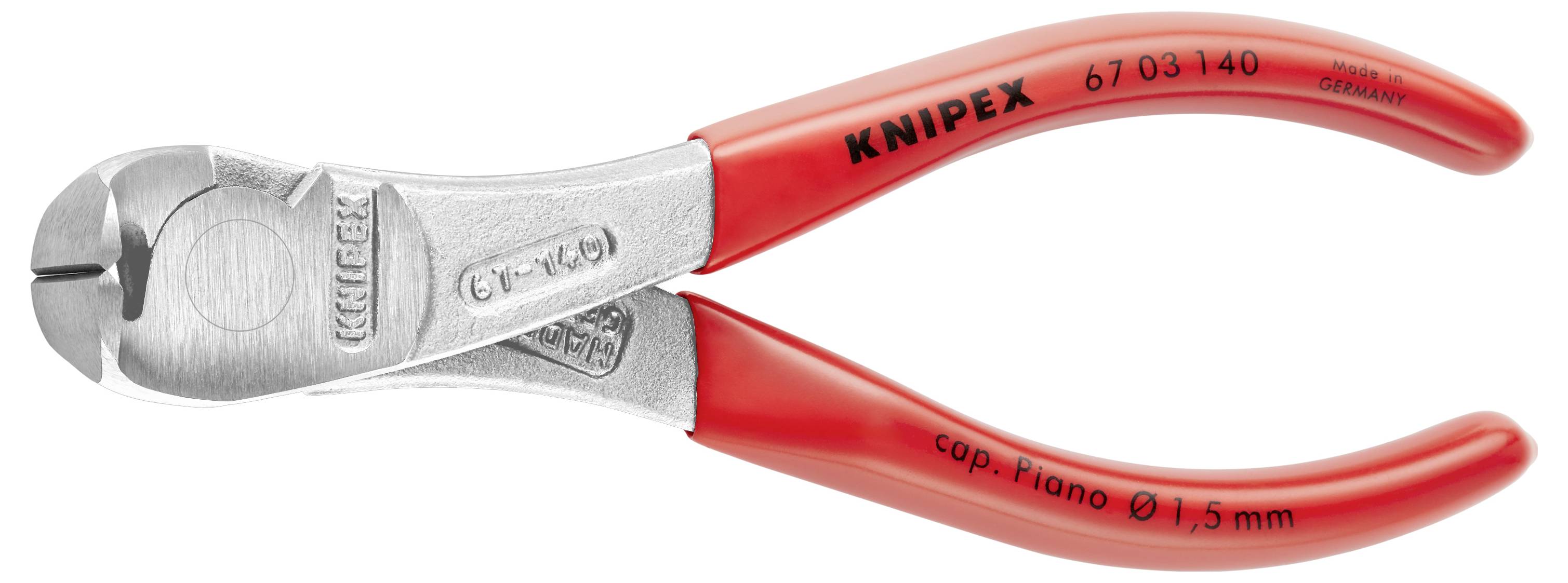 Seitenschneider mit roten Griffen, Modell 'KNIPEX 68/03-140', geeignet für Klavierdraht bis 1,5 mm.