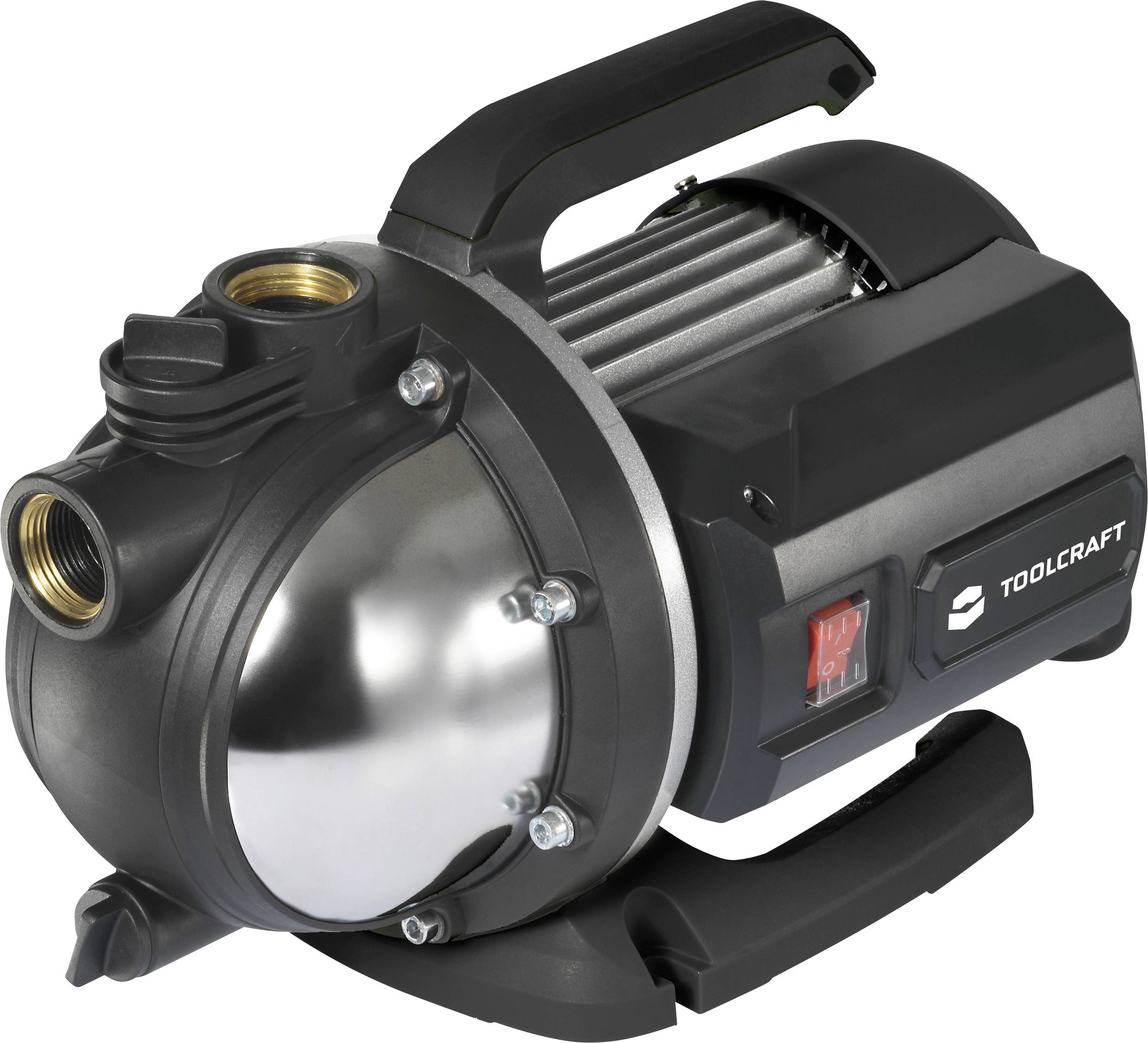 Eine schwarze Wasserpumpe mit zwei Messinganschlüssen und einem Tragegriff. Sie hat einen roten Ein-/Ausschalter und das Logo 'Toolcraft'.