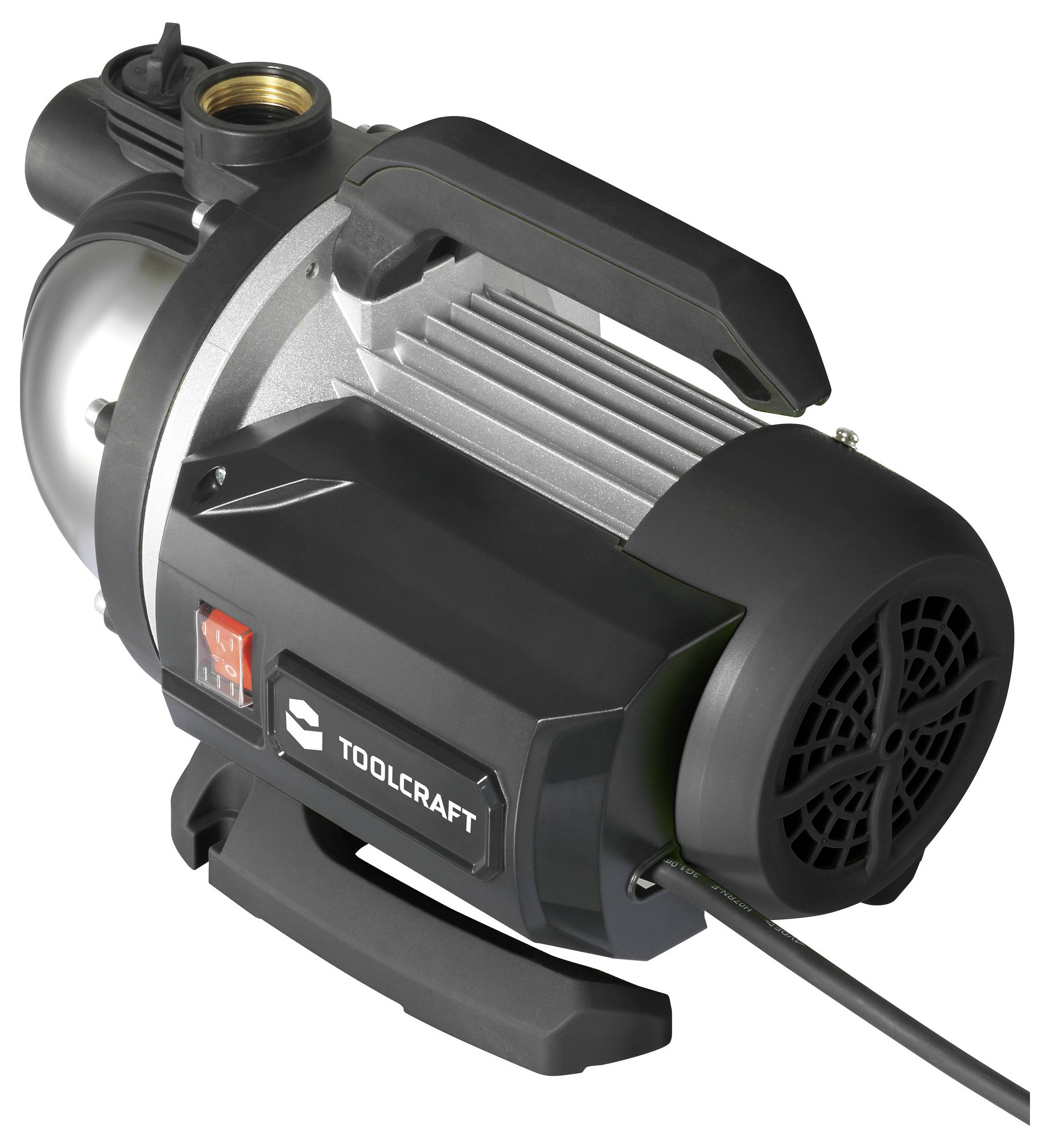 Gartenpumpe von TOOLCRAFT, robuste Bauweise, schwarz-grau, mit Netzstecker und Ein-/Ausschalter, geeignet für Bewässerungszwecke.