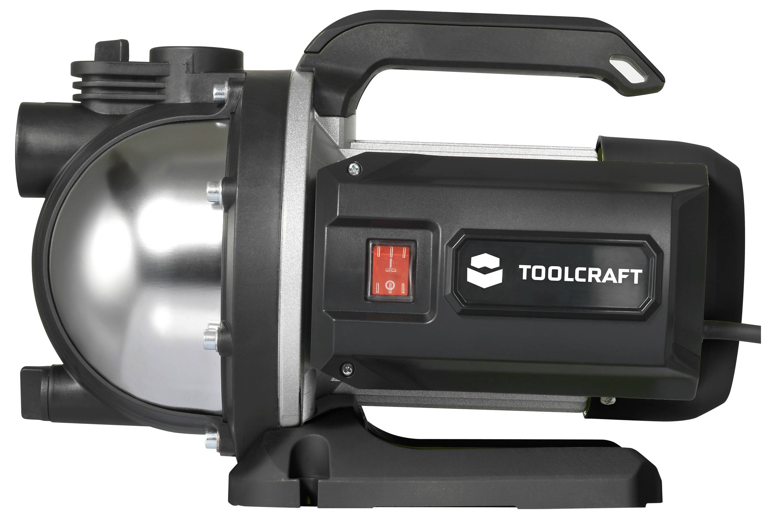 Wasserpumpe von TOOLCRAFT, schwarzes Gehäuse mit rotem Ein-/Ausschalter, Griff oben, zylindrische Form, seitliche Anschlüsse.