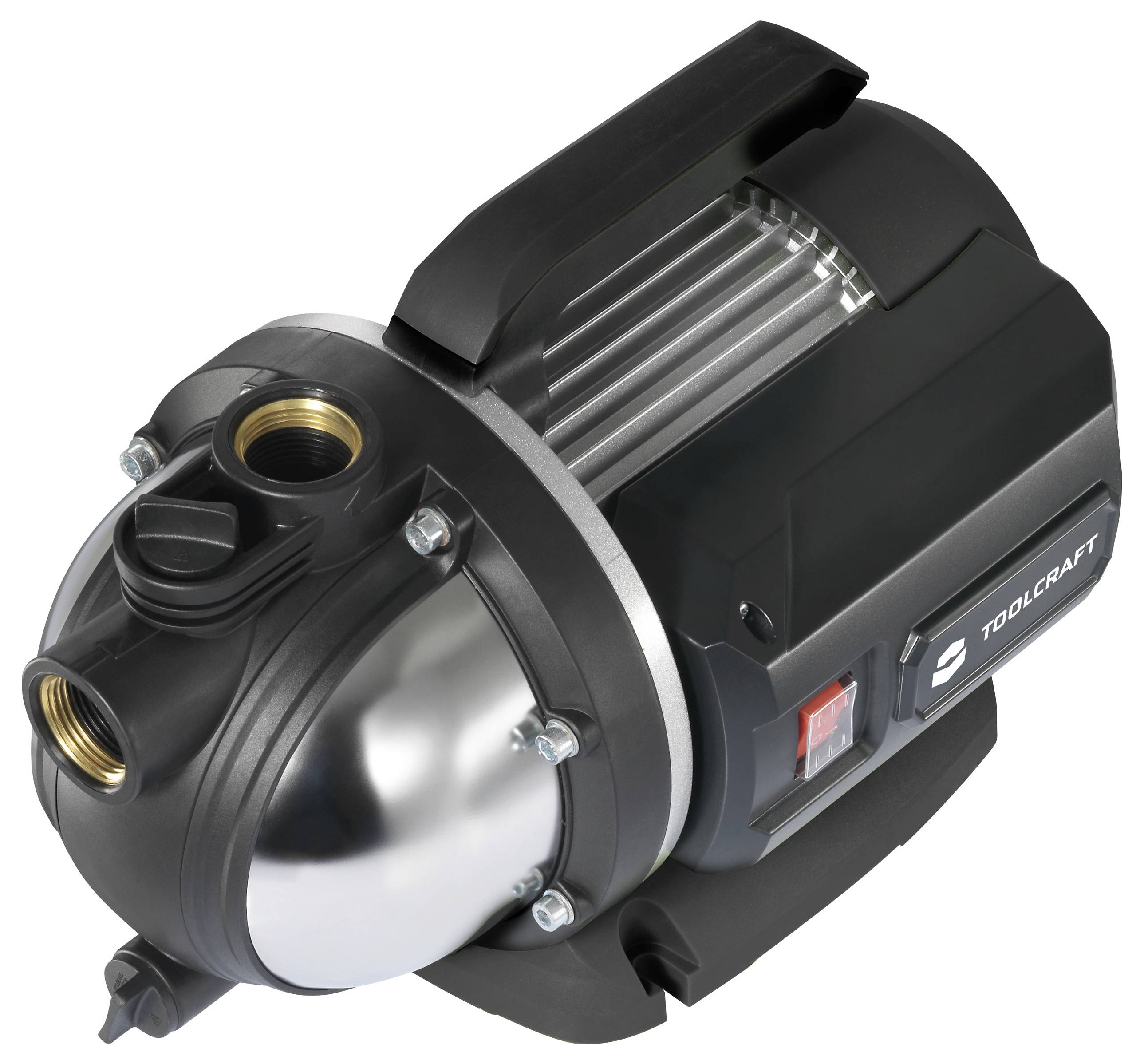 Eine kreisförmige, kompakte Wasserpumpe mit einem stabilen Gehäuse und zwei Einlassöffnungen, geeignet für den Einsatz im Heimwerkerbereich.