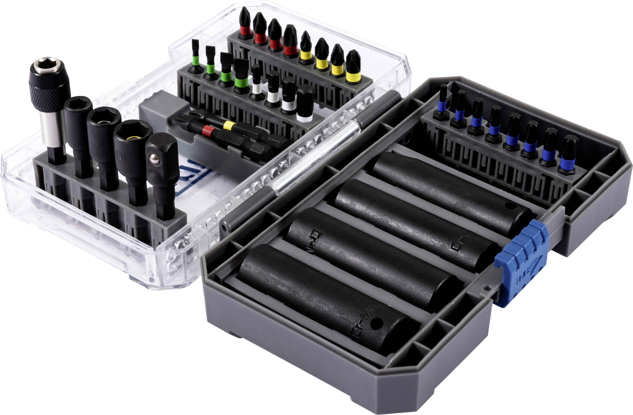 Ein Werkzeugset mit verschiedenen Schrauberaufsätzen, Stecknussadaptern und Verlängerungen, die in einem grauen Kunststoffkoffer mit farbcodierten Abschnitten organisiert sind.