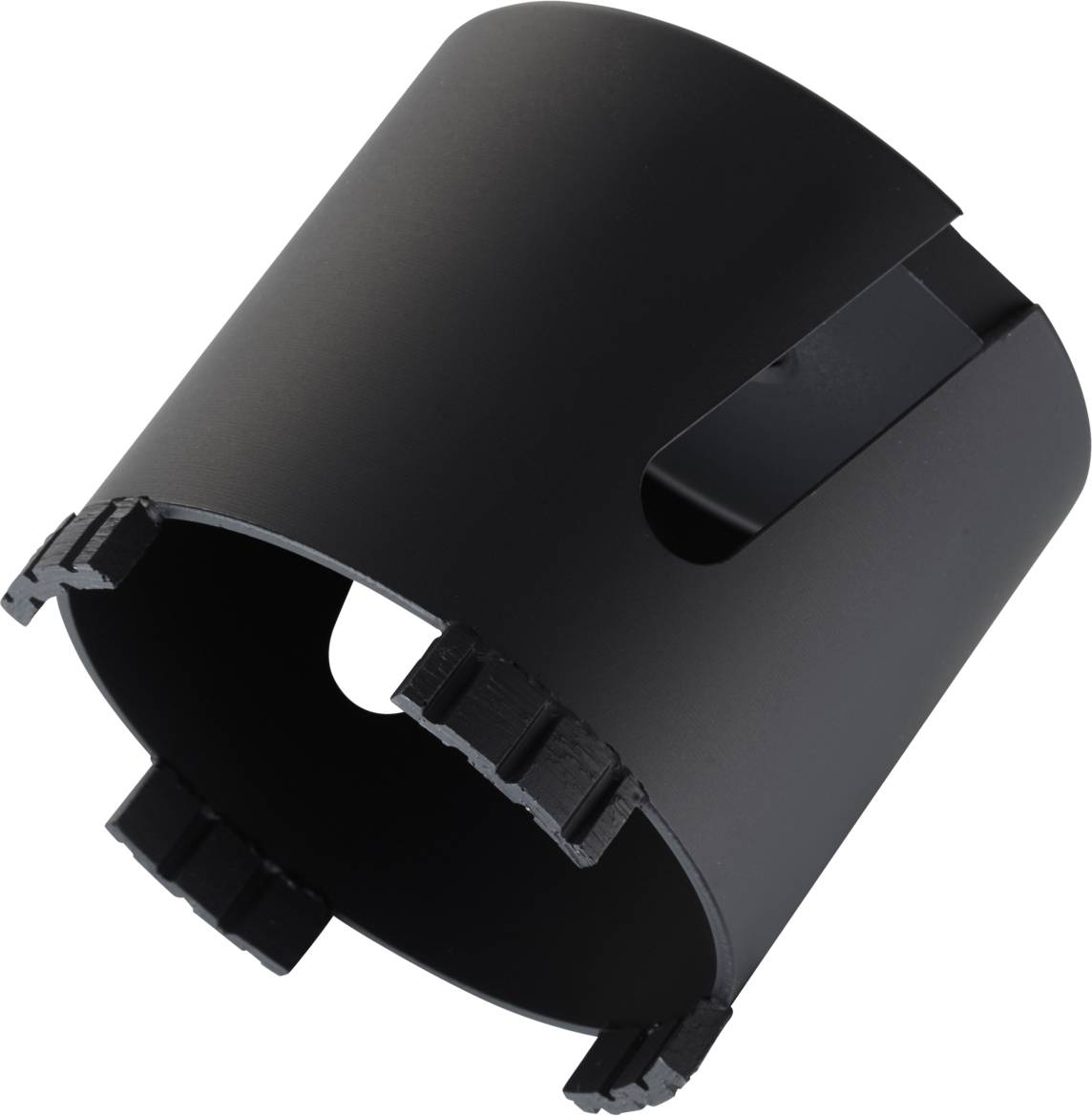Schwarze zylindrische Hülle, vermutlich ein technisches Bauteil, mit Öffnungen an den Seiten.