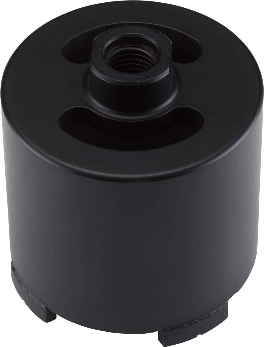 Schwarzer zylindrischer Adapter mit zentraler Gewindeöffnung, verwendet zur Anbindung von Zubehör an kompatible Geräte oder Werkzeuge.